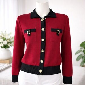 St John Collection Santana Knit Red Black Buckle Cardigan Jacket 4